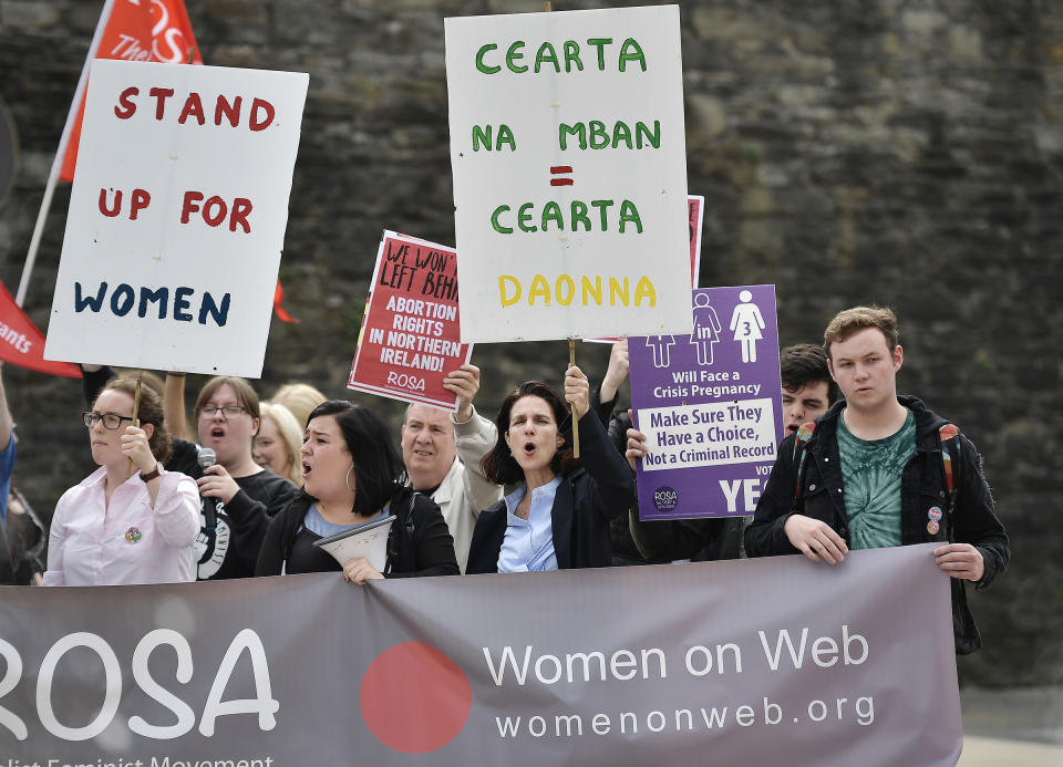 Dr. Rebecca Gomperts (2nd R) leads supporters in a chant as the abortion rights campaign group ROSA, Reproductive Rights Against Oppression, Sexism and Austerity hold a rally at Guildhall Square on May 31, 2018 in Londonderry, Northern Ireland.<span class="copyright">Charles McQuillan—Getty Images</span>