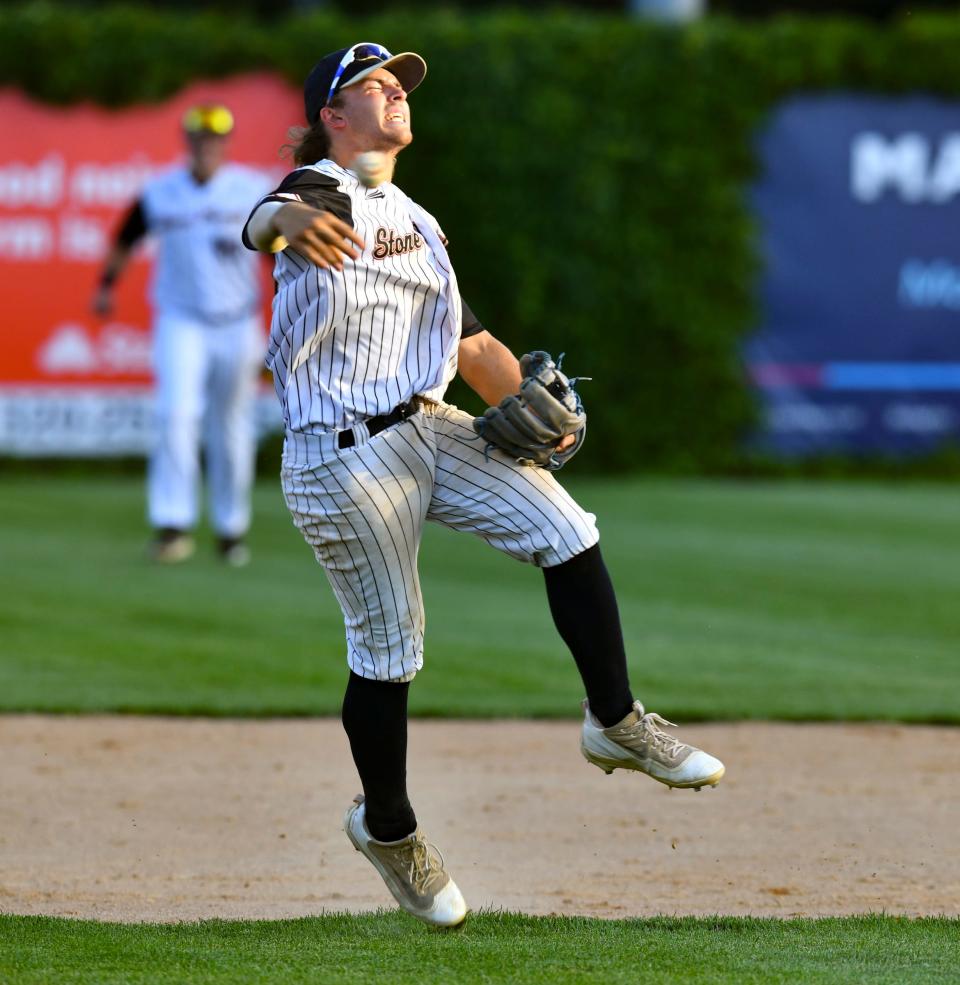 Gavan Schulte of the Stone Poneys fires a throw to first during the game Wednesday, June 29, 2022, at St. Cloud Orthopedics Field in Sartell. 