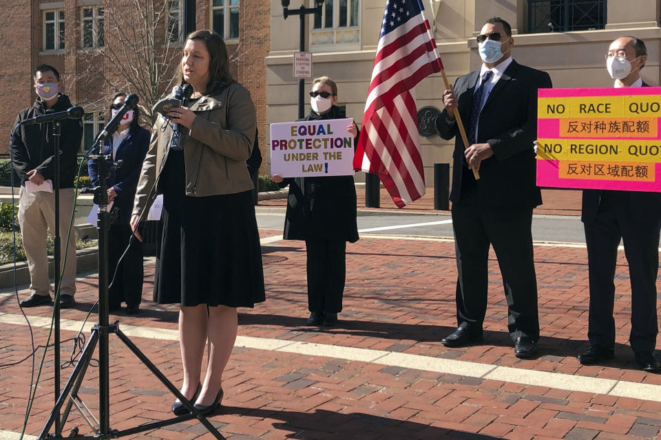 FILE - Pacific Legal Foundation attorney Erin Wilcox speaks at a news conference outside the federal courthouse on March 10, 2021, in Alexandria, Va., where her organization filed a lawsuit against Fairfax County's school board, alleging discrimination against Asian Americans over its revised admissions process for the elite Thomas Jefferson High School for Science and Technology. A federal appeals court’s ruling in May 2023 about the admissions policy at the elite public high school may provide a vehicle for the U.S. Supreme Court to flesh out the intended scope of its ruling Thursday, June 29, 2023, banning affirmative action in college admissions. (AP Photo/Matthew Barakat, File)