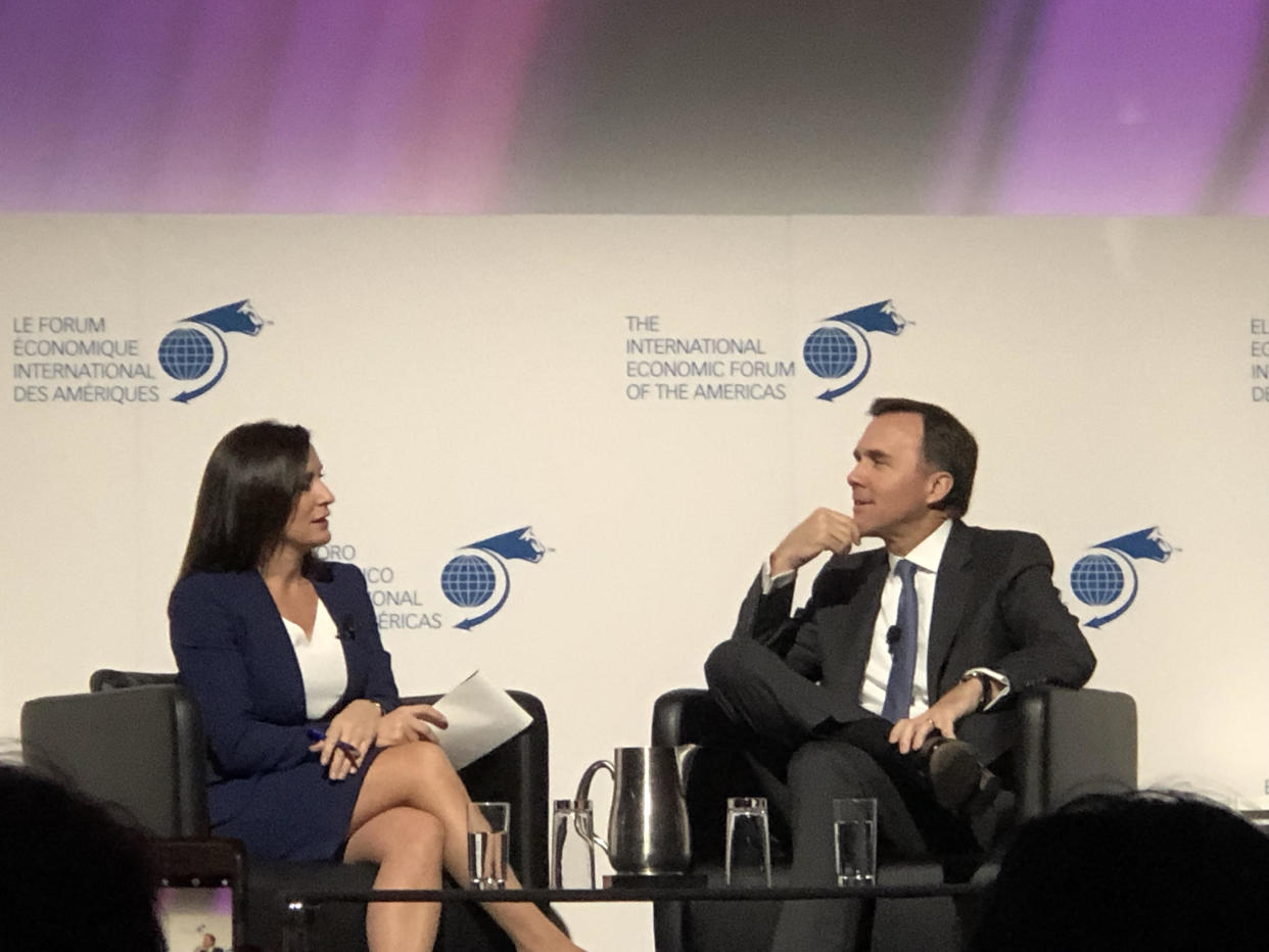 Federal Finance Minister Bill Morneau speaks to BNNBloomberg anchor Amanda Lang at the International Economic Forum of the Americas in Toronto on Wednesday, Dec. 12, 2018. (Yahoo Finance Canada)