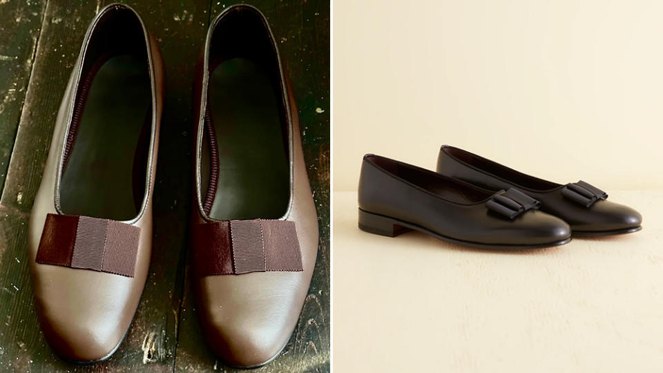 AWMS's sleek take, seen at left, comes in a casual shade of brown, while Bode's skips shiny patent leather for Napa.