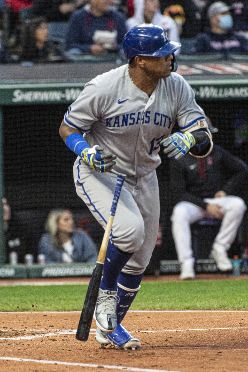 Kansas City Royals' Salvador Perez watches his single off Cleveland Guardians starting pitcher Zach Plesac during the third inning of a baseball game in Cleveland, Saturday, Oct. 1, 2022. (AP Photo/Phil Long)