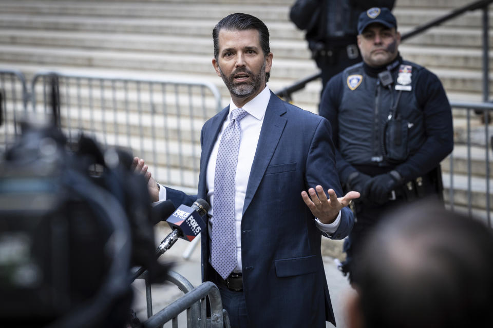 Donald Trump, Jr. speaks to the media outside the Supreme Court, Monday, Nov. 13, 2023, in New York. Trump Jr. returned to the stand in the court today as defense lawyers start calling witnesses in the civil fraud trial that threatens his father’s real estate empire. (AP Photo/Stefan Jeremiah)