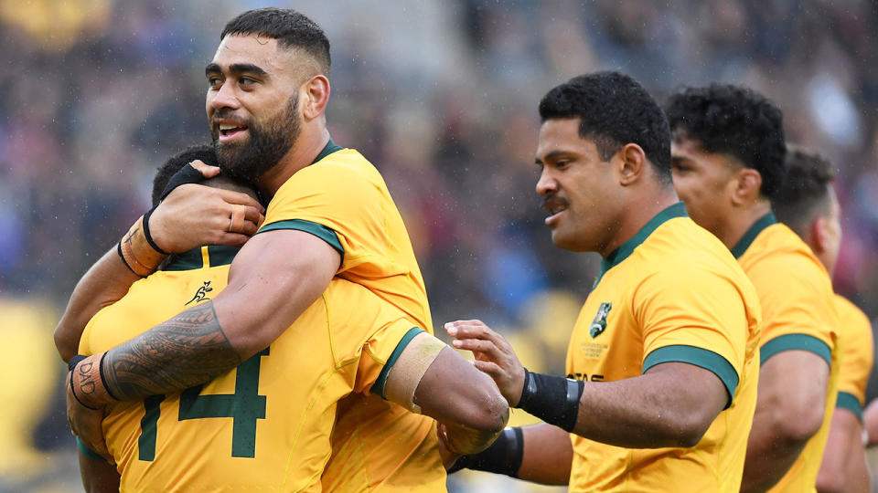 Seen here, the Wallabies celebrate a try in the first Bledisloe Cup test in 2020.