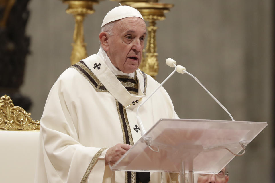 Pope Francis celebrates Christmas Eve Mass in St. Peter's Basilica at the Vatican, Tuesday, Dec. 24, 2019. (AP Photo/Alessandra Tarantino)