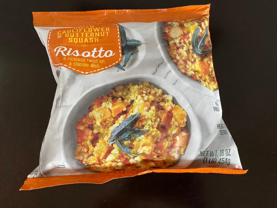 Trader Joe's cauliflower and squash risotto in a bag on a table