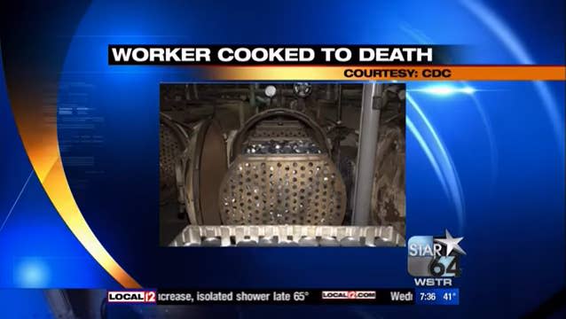 News report screen featuring the headline "WORKER COOKED TO DEATH" with an industrial machine image