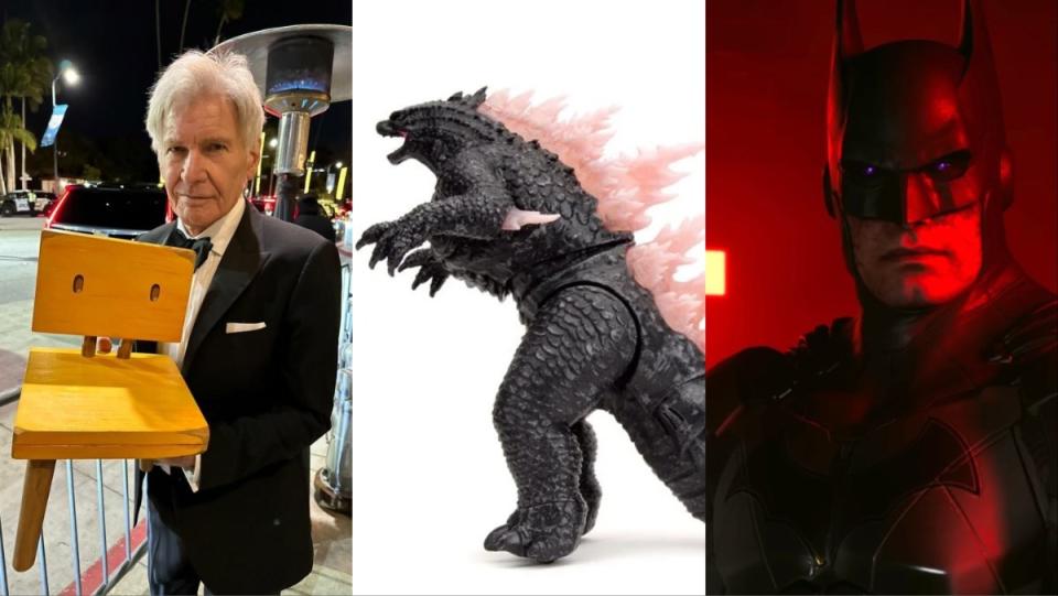 Harrison Ford with Suzume Chair, Godzilla image, Batman from Sucide Squad Kill Justice