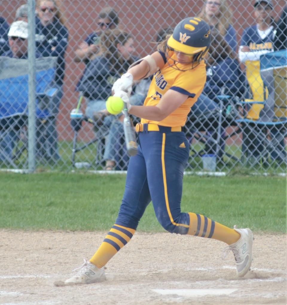Jayden Jones connects with a pitch during a high school softball matchup between Gaylord and Traverse City Central on Tuesday, May 16.