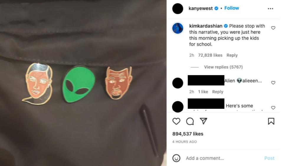 kim kardashian commented on ye's instagram post showing his daughter's backpack with pins of himself and kardashian and an alien on it