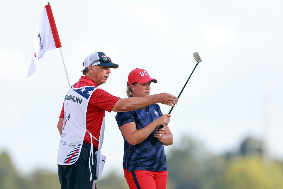 GAINESVILLE, VIRGINIA - SEPTEMBER 13: Lauren Coughlin of the United States looks over the 16th green with her caddie during Day One of the Solheim Cup at Robert Trent Jones Golf Club on Friday, September 13, 2024 in Gainesville, Virginia. (Photo by Amy Lemus/NurPhoto via Getty Images)