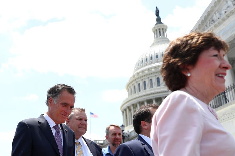 Senators return following a meeting on infrastructure with President Biden at the White House, on Capitol Hill in Washington