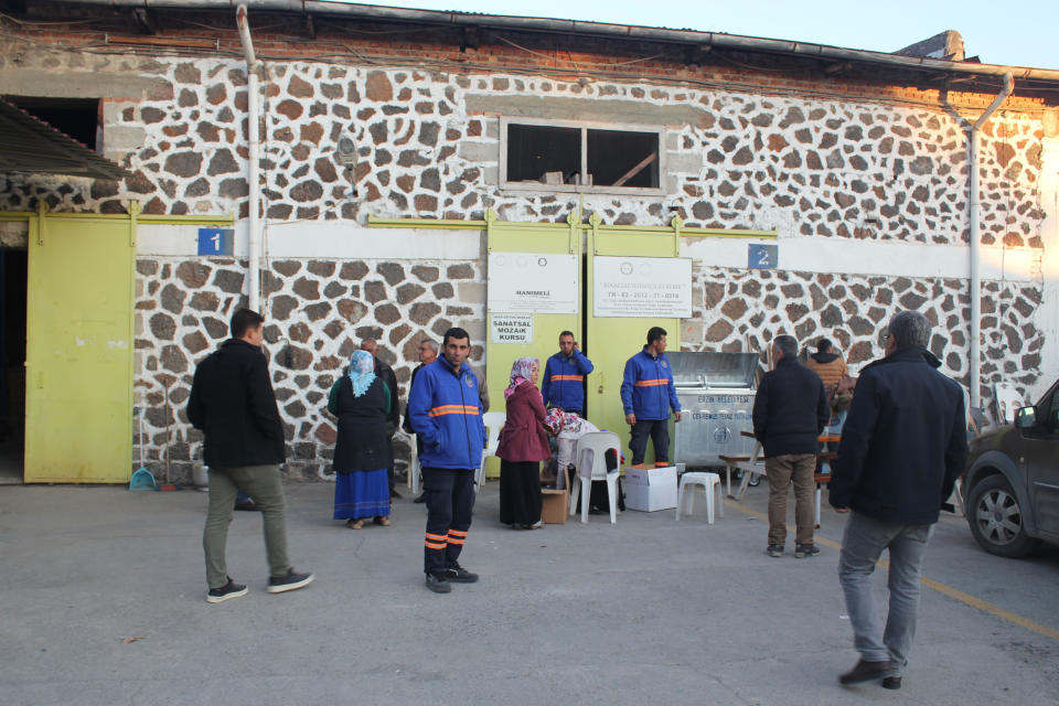 A municipal building in Erzin where officials are collecting and giving away donations to displaced people.  (Kristina Jovanovski)