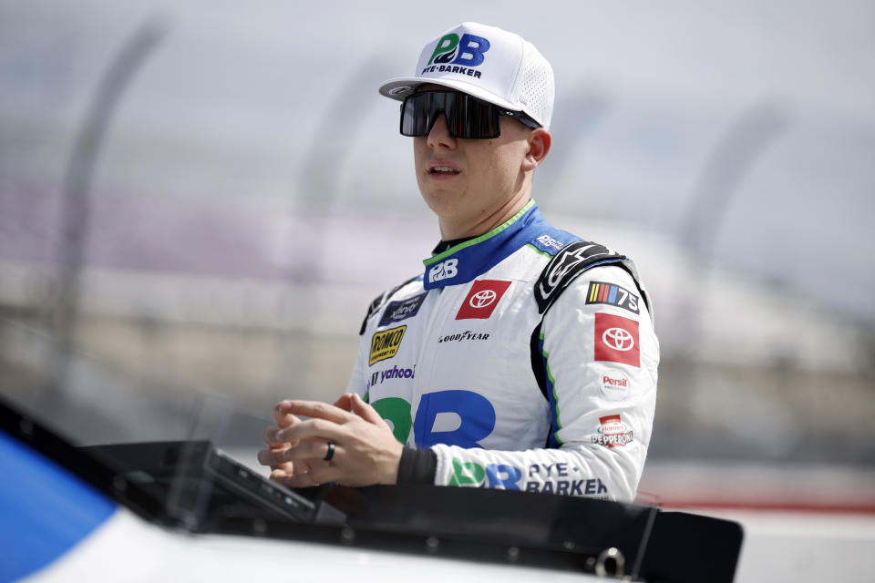 DARLINGTON, SOUTH CAROLINA - SEPTEMBER 02: John Hunter Nemechek, driver of the #20 Pye Barker Fire & Safety Toyota, looks on during qualifying for the NASCAR Xfinity Series Sport Clips Haircuts VFW Help A Hero 200 at Darlington Raceway on September 02, 2023 in Darlington, South Carolina. (Photo by James Gilbert/Getty Images)