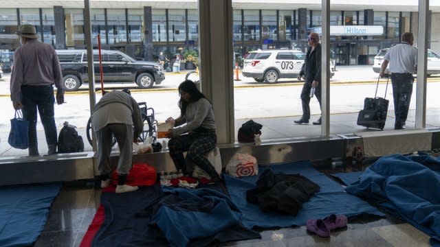 Migrants staying in a makeshift shelter at O'Hare International Airport in Chicago.