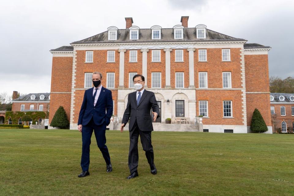 Dominic Raab with South Korea’s Minister of Foreign Affairs Chung Eui-yong at Chevening House (Niklas Halle’n/PA) (PA Wire)