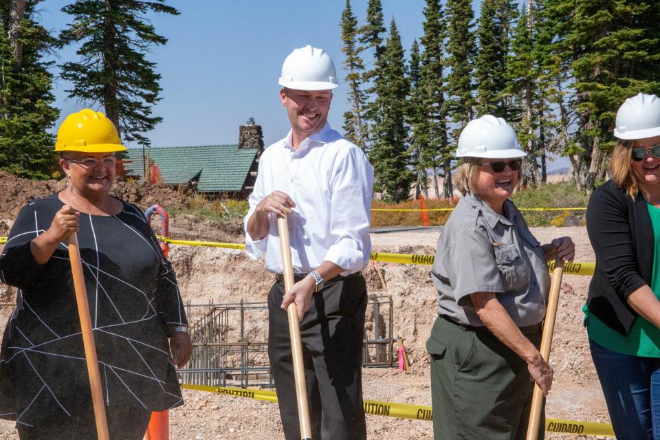 Utah Gov. Spencer Cox and Cedar Breaks National Monument Superintendent Kathleen Gondor break ground on a new visitor center Tuesday.