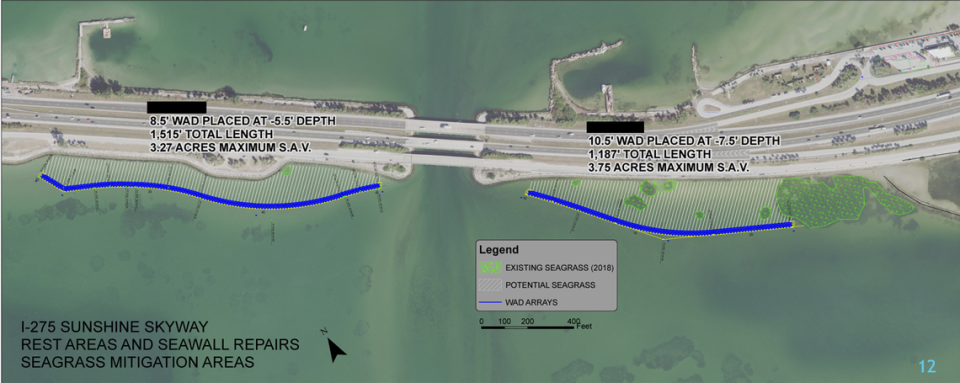 A project map for the $6.4 million installation of several wave attenuation devices shows where the cement pyramids will be installed in the water southwest of the Sunshine Skyway Bridge later this year.