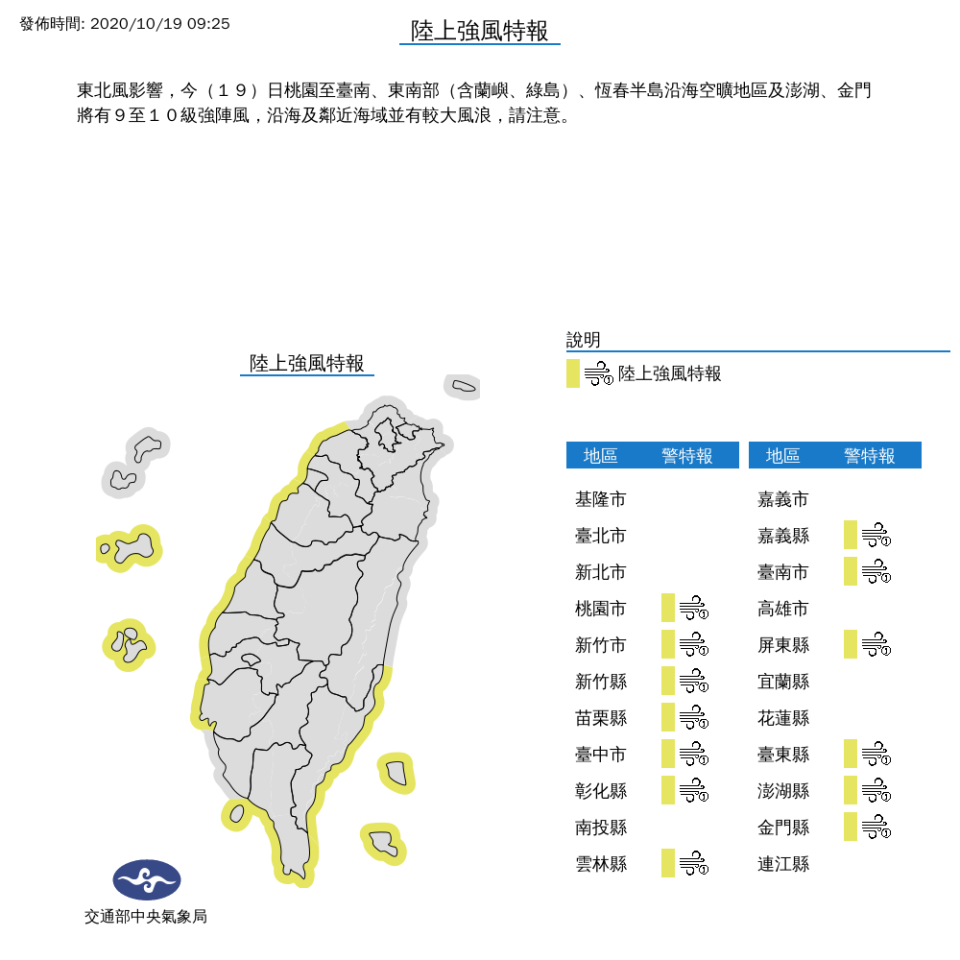 因熱帶性低氣壓加上東北風影響，氣象局針對13縣市發佈陸上強風特報，請沿海地區民眾慎防長浪發生。   圖：中央氣象局/提供