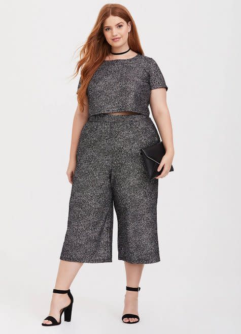 Plus Size - Black & Silver Glitter Crop Top & Wide Leg Pant Set - Torrid