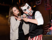 <p><i>Sex&Drugs&Rock&Roll</i> star Liz Gillies also looked cool as a cucumber while being held at knifepoint. Clearly, Universal Studios needs to work on making the Purge scare zone scarier! (Photo: Mike Danenberg/Universal Studios Hollywood) </p>