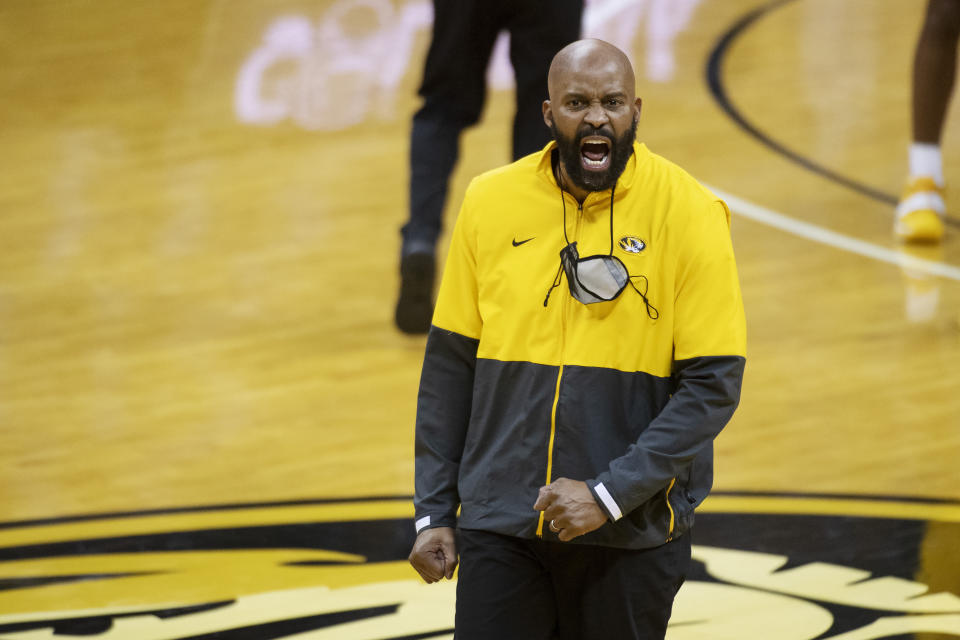 Missouri coach Cuonzo Martin shouts after a flagrant foul was called against an Illinois player during the second half of an NCAA college basketball game Saturday, Dec. 12, 2020, in Columbia, Mo. Missouri won 81-78. (AP Photo/L.G. Patterson)