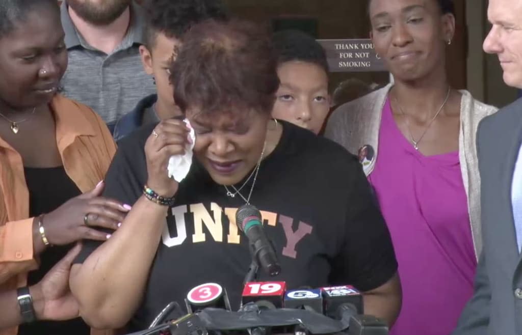Pam Walker, mother of Jayland Walker, sobs as she recounts one of his childhood birthday parties. She spoke publicly for the first time on July 20, 2022, the day that would have been her son’s 26th birthday.