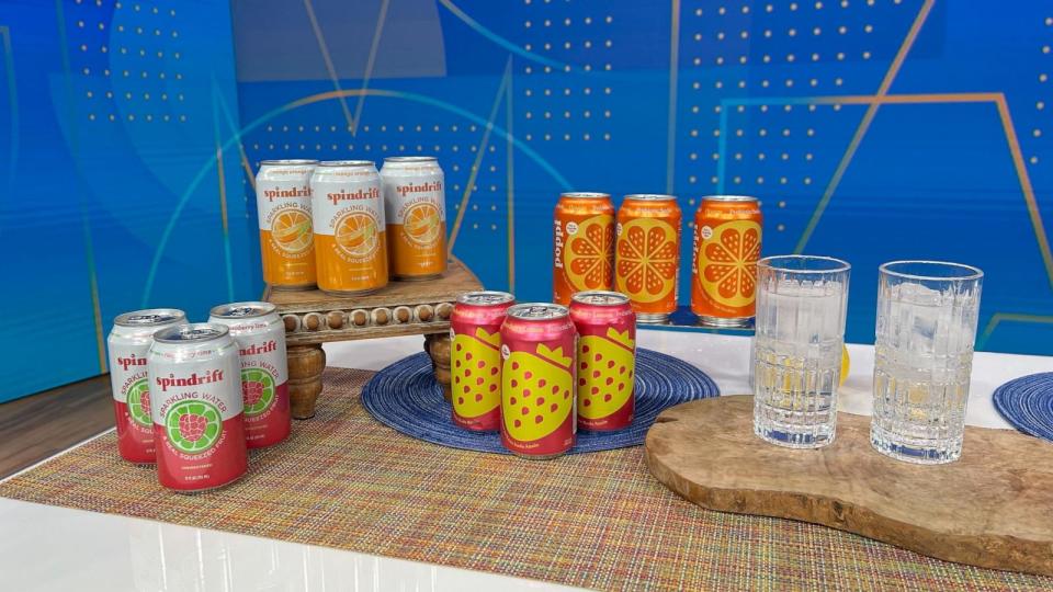 PHOTO: A lineup of juice sodas and seltzers on the set of 'Good Morning America,' on April 10, 2024. (ABC News)