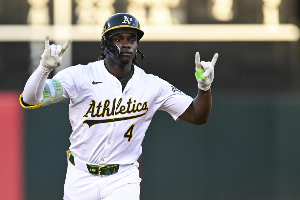 Oakland Athletics outfielder Lawrence Butler (4) runs the bases after hitting a three-run home run against the Los Angeles Angels during the fourth inning of a baseball game Tuesday, July 2, 2024, in Oakland, Calif. (AP Photo/Eakin Howard)