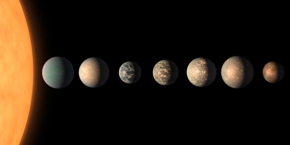 An illustration shows what the TRAPPIST-1 planetary system may look like, based on available data about the planets’ diameters, masses, and distances from the host star. CREDIT: NASA/JPL-Caltech 