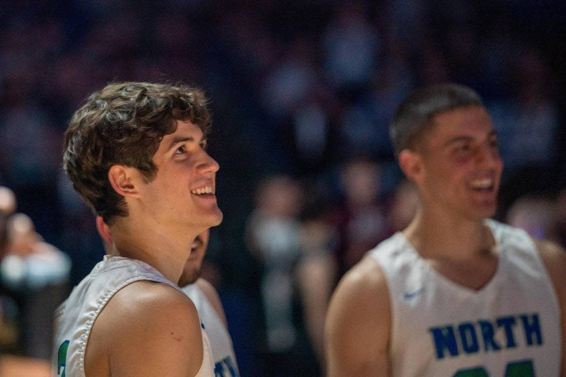 North Laurel’s Reed Sheppard, left, and teammate Ryan Davidson prepare to take the court for the Boys’ Sweet 16 state basketball tournament in Rupp Arena on March 16.