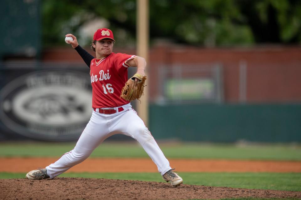 Mater Dei’s Max Miller (16) pitches as the North Huskies play the Mater Dei Wildcats at Bosse Field in Evansville, Ind., Thursday, April 25, 2024.