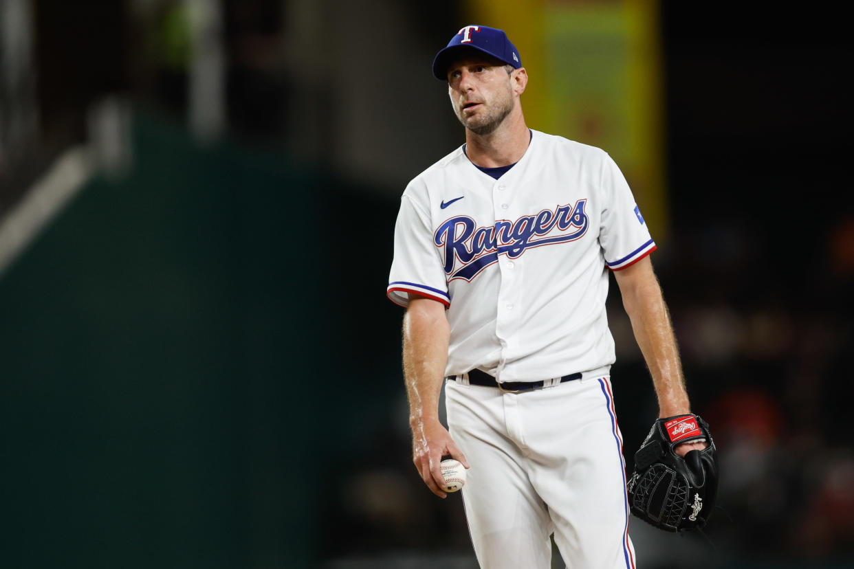 Max Scherzer of the Texas Rangers has a muscle strain and will miss the remainder of the regular season. (Photo by Tim Heitman/MLB Photos via Getty Images)
