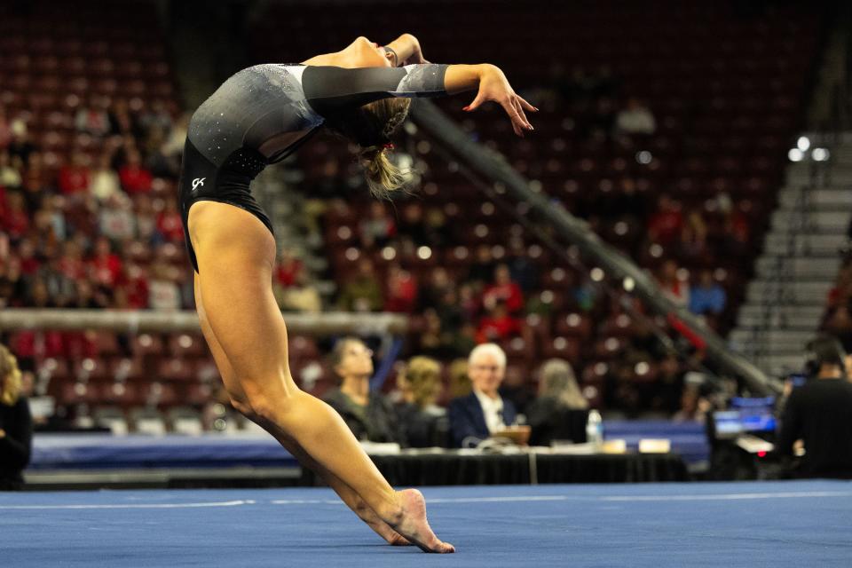 Utah Utes Abby Paulson competes on floor during the Sprouts Farmers Market Collegiate Quads at Maverik Center in West Valley on Saturday, Jan. 13, 2024. #1 Oklahoma, #2 Utah, #5 LSU, and #12 UCLA competed in the meet. | Megan Nielsen, Deseret News