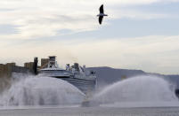 The Ruby Princess gets a water canon salute as it departs from Port Kembla in Wollongong, Australia, Thursday, April 23, 2020. The ocean liner became notorious as Australia's largest single source of coronavirus infections and is the center of a criminal investigation over the sickness' spread set off a month after it was ordered by police to leave. (AP Photo/Rick Rycroft)