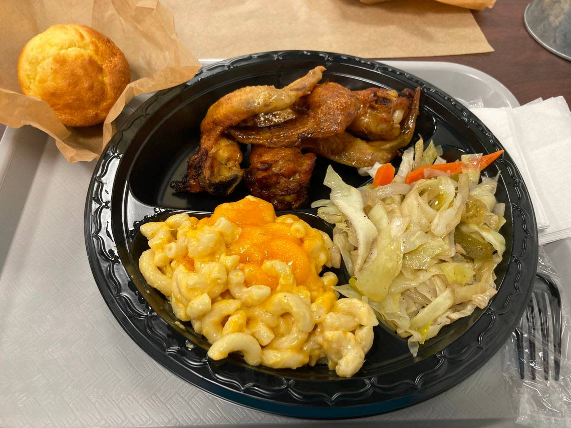 Baked chicken wings, macaroni and cheese, cabbage and a cornbread muffin at Krave Eatery & Dessert Shop, 524 North Houston Lake Blvd., Centerville.