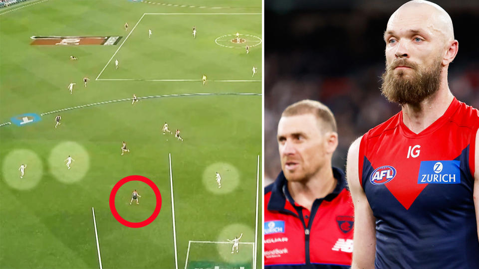 Carlton, pictured here with four players to one Melbourne defender inside 30 metres.