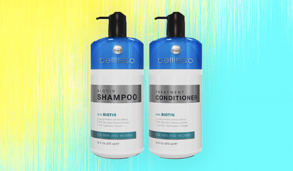 Photo of Bellisso shampoo and conditioner on colorful background