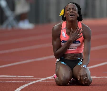 Jul 4, 2016; Eugene, OR, USA; Alysia Montano reacts after falling in the women's 800m during the 2016 U.S. Olympic Team Trials at Hayward Field. Mandatory Credit: Kirby Lee-USA TODAY Sports