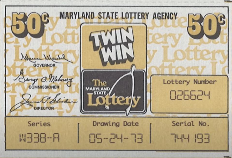 This image from a Maryland State Lottery promotional video shows a ticket for the very first game ever offered, Twin Win, on May 24, 1973.