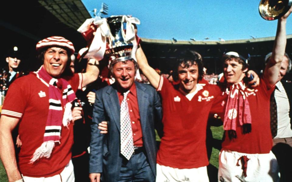 Stuart Pearson, Tommy Docherty, Lou Macari and Gordon Hill parade the FA Cup after Manchester United beat Liverpool at Wembley in 1977 - ‘The most important thing is City don’t do the Treble’ – Man Utd’s class of ’77 on FA Cup final - Colorsport