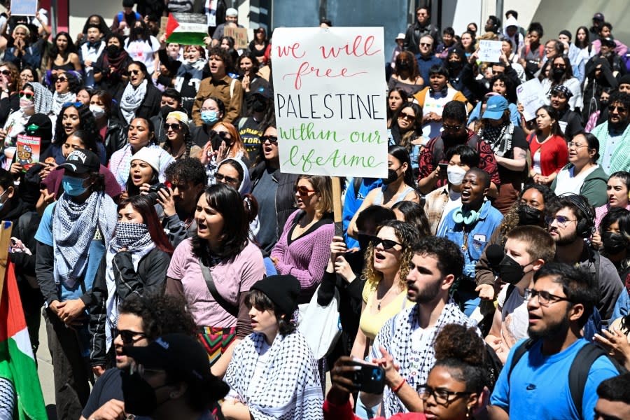 SAN FRANCISCO, CALIFORNIA – APRIL 29: Hundreds of students are gathered at San Francisco State University (SFSU) to protest Israeli attacks on Gaza, in Stanford, California, United States on April 29, 2024. (Photo by Tayfun Coskun/Anadolu via Getty Images)