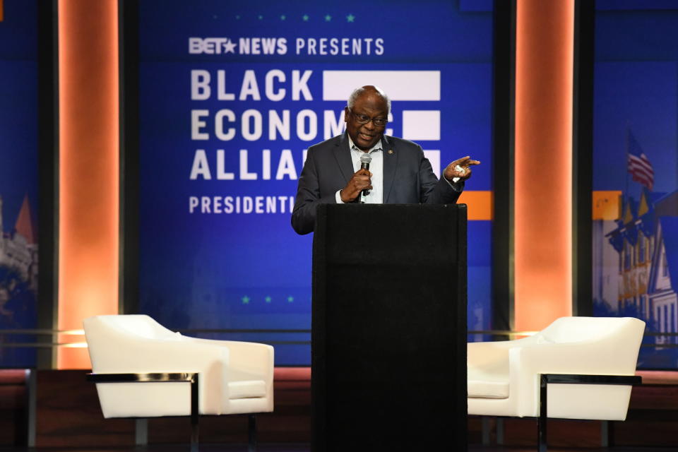 House Majority Whip Jim Clyburn discusses economic disadvantages in the black community ahead of a presidential candidate forum on Saturday, June 15, 2019, in Charleston, S.C., sponsored by the Black Economic Alliance. A handful of Democratic presidential contenders planned to speak at the gathering in the first state where minority voters will play a major role in next year's voting. (AP Photo/Meg Kinnard)