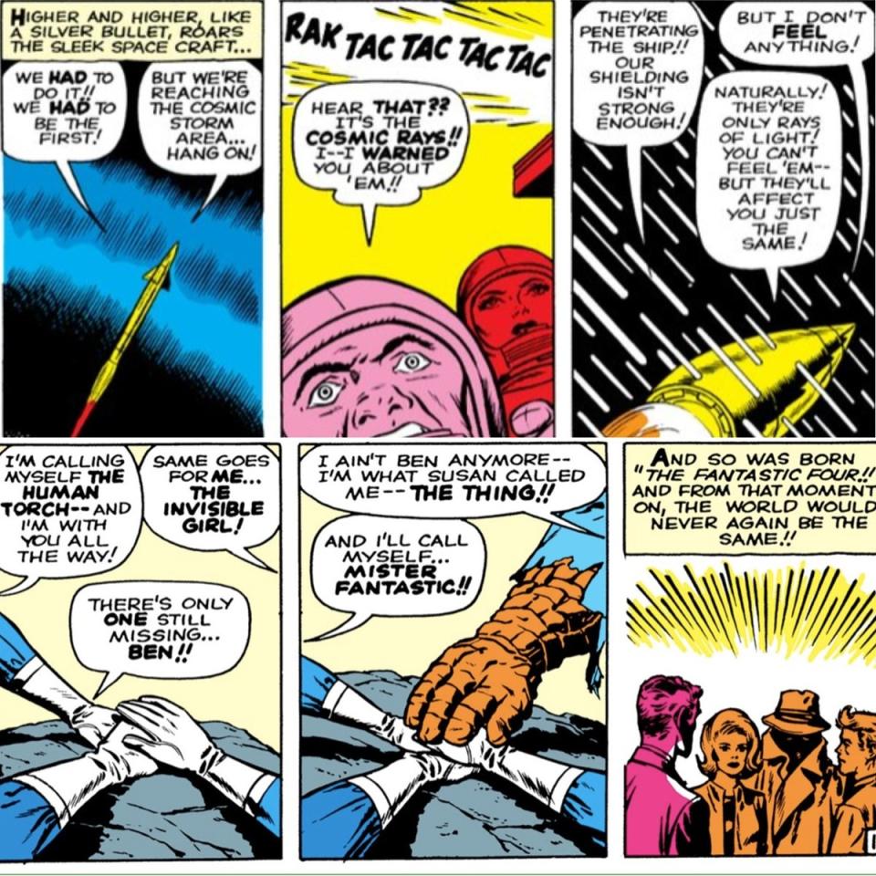 Fantastic Four's origin story from Fantastic Four #1, art by Jack Kirby.