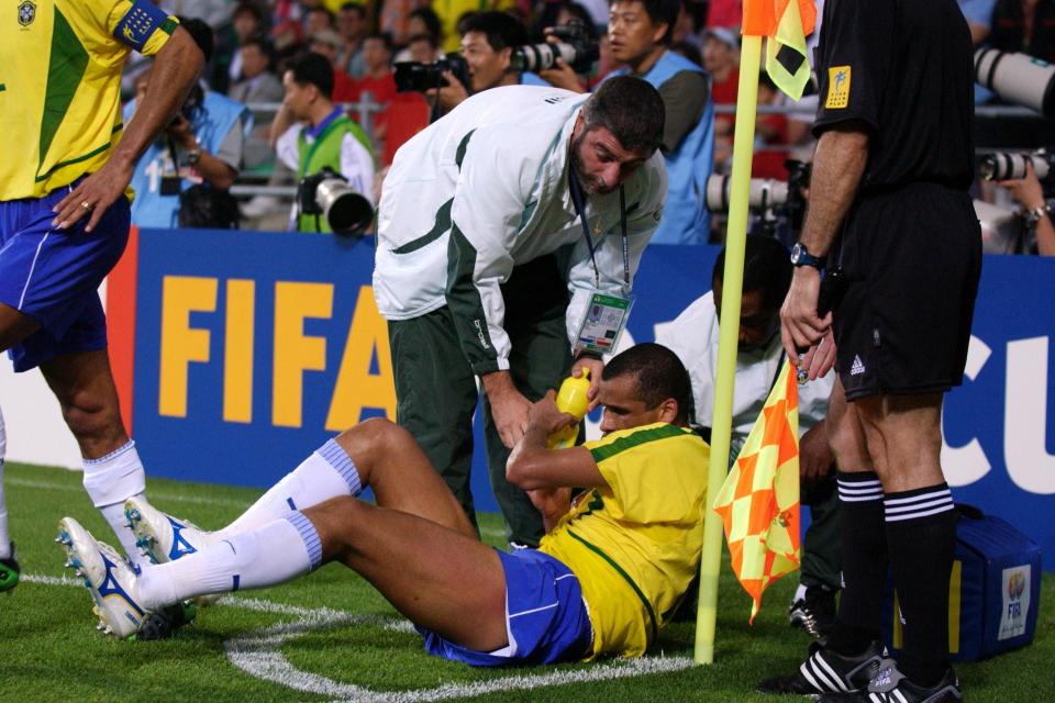Rivaldo reacts after being hit in the ‘face’ by the ball