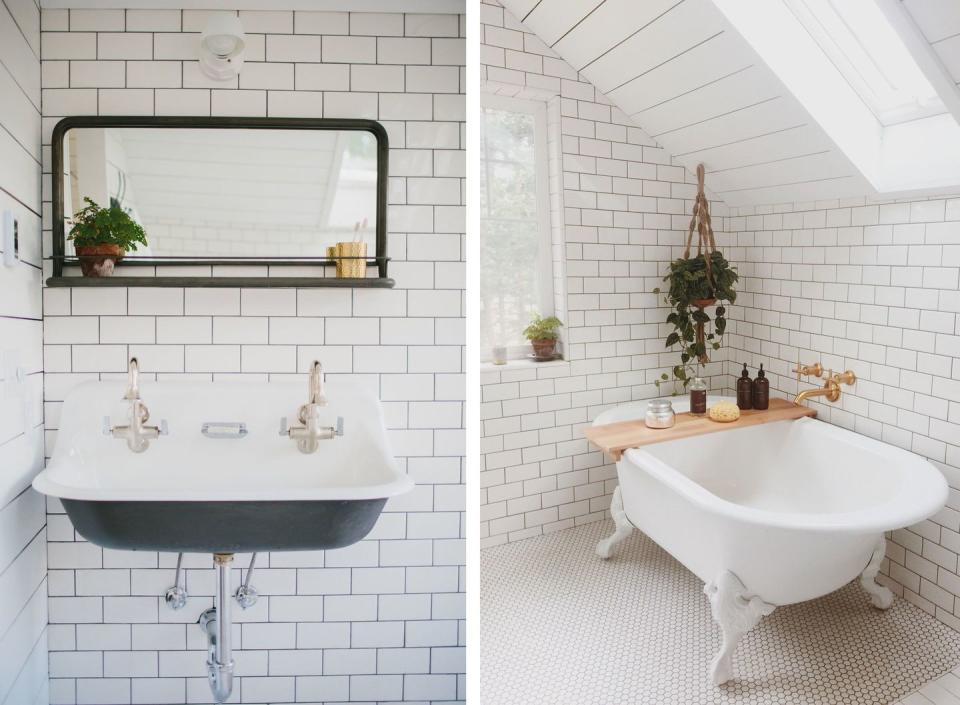 clawfoot tub in corner of attic that has tile walls