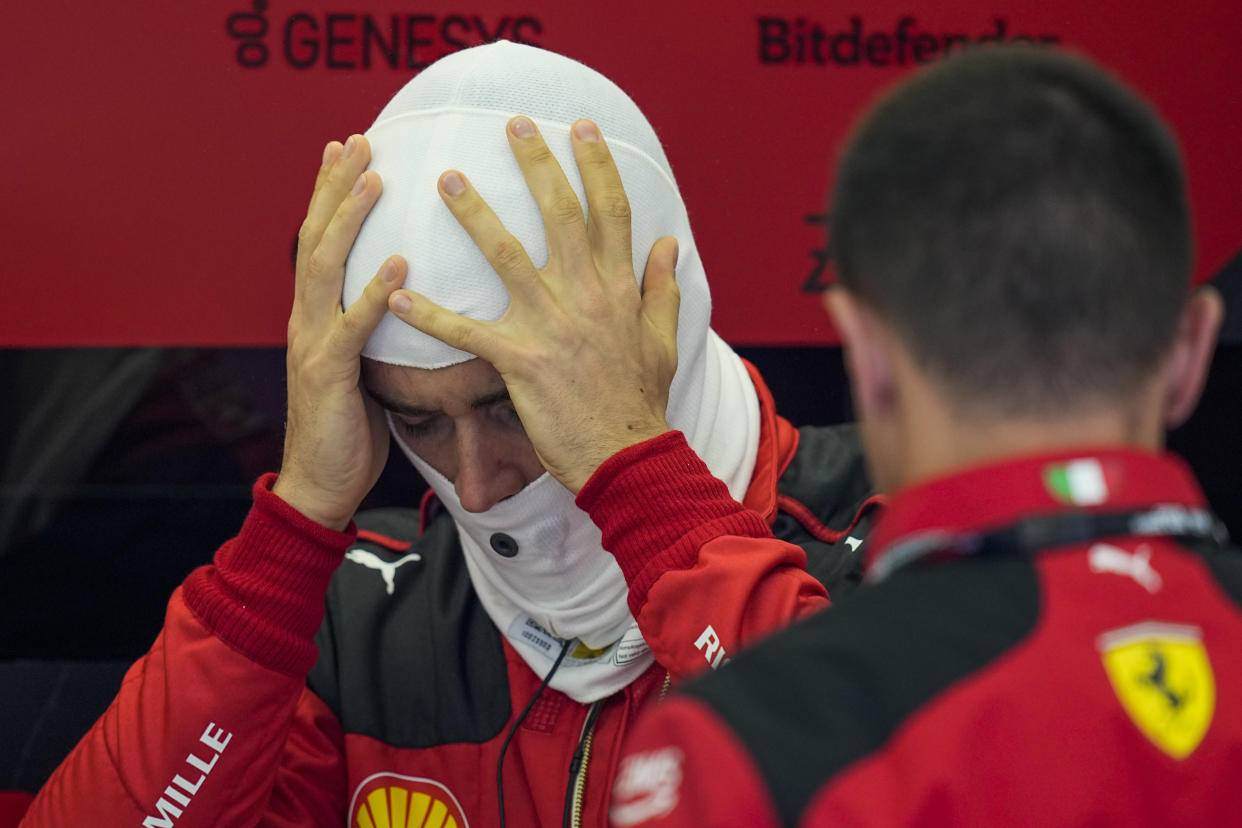 F1 Ferrari driver Charles Leclerc of Monaco prepares for the first Formula One free practice at the Bahrain International Circuit in Sakhir, Bahrain, Friday, March 3, 2023. The Bahrain GP will be held on Sunday March 5, 2023. (AP Photo/Ariel Schalit)