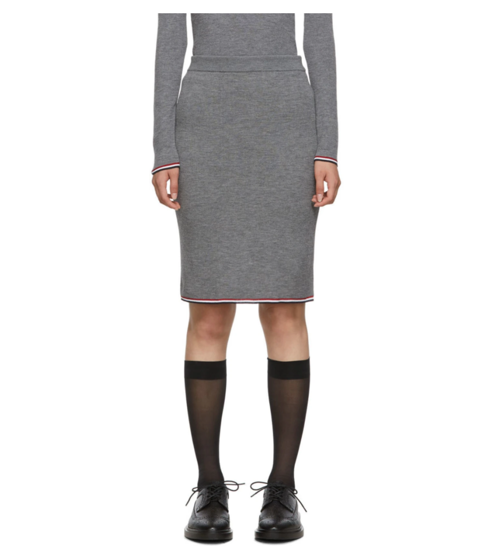 Thom Browne Grey Rib Pencil Skirt. Image via SSENSE.