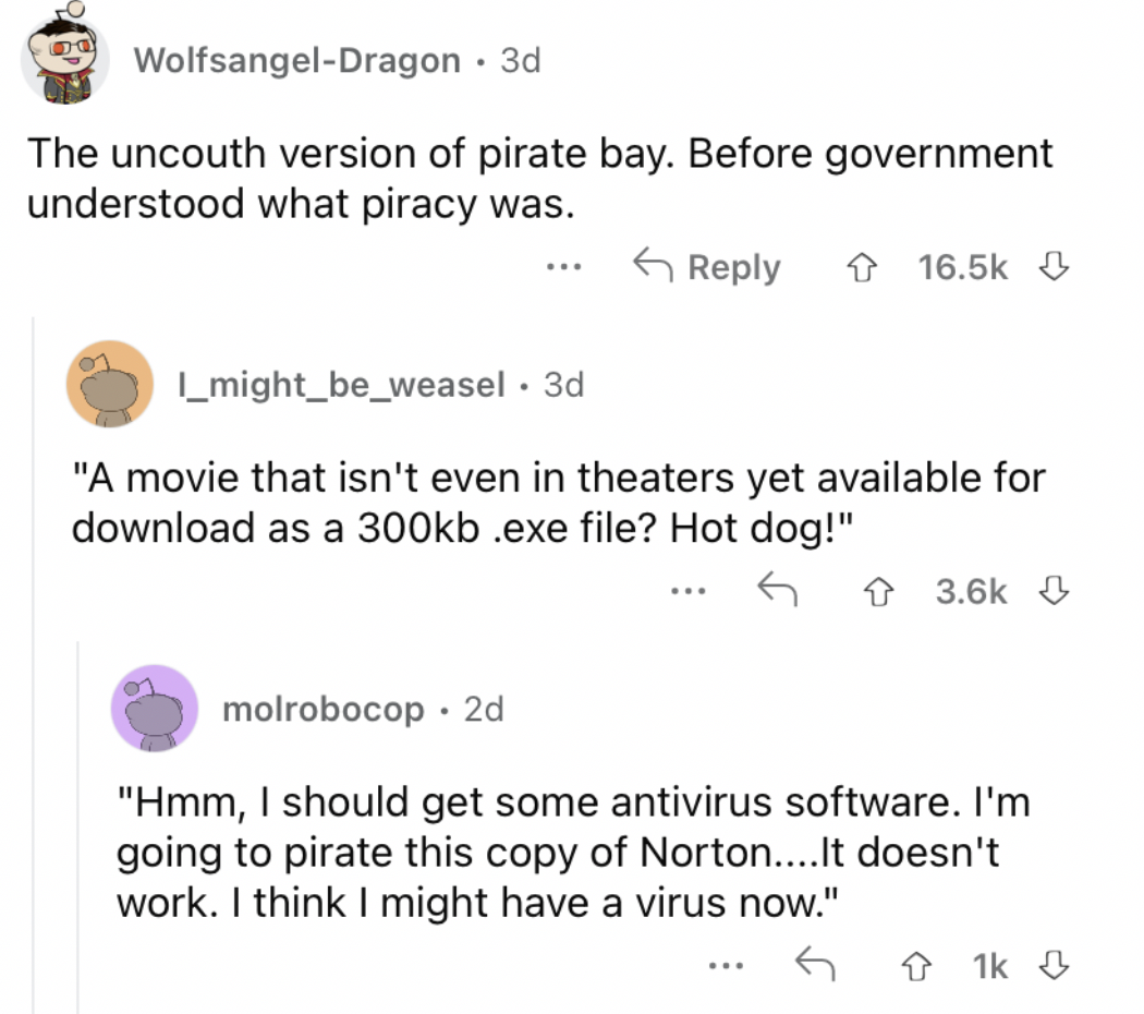 Reddit screenshot about how Pirate Bay used to be a wild west.