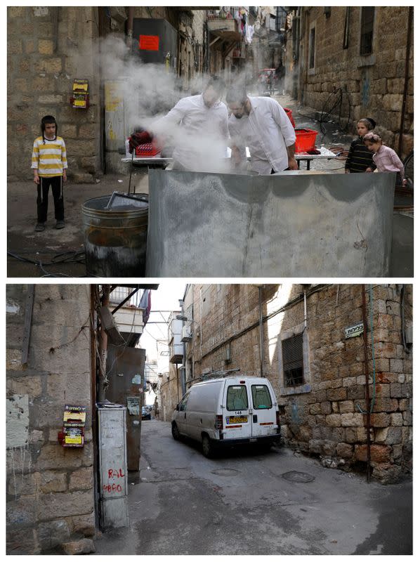 A combination picture shows Jerusalem's Mea Shearim neighbourhood as Israel takes stringent steps to contain the coronavirus (COVID-19)